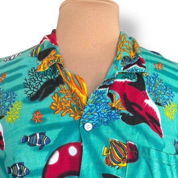Vintage 90s Orca Print Rayon Hawaiian Printed Shirt Teal Ocean Fish Coral Medium - Picture 6 of 10